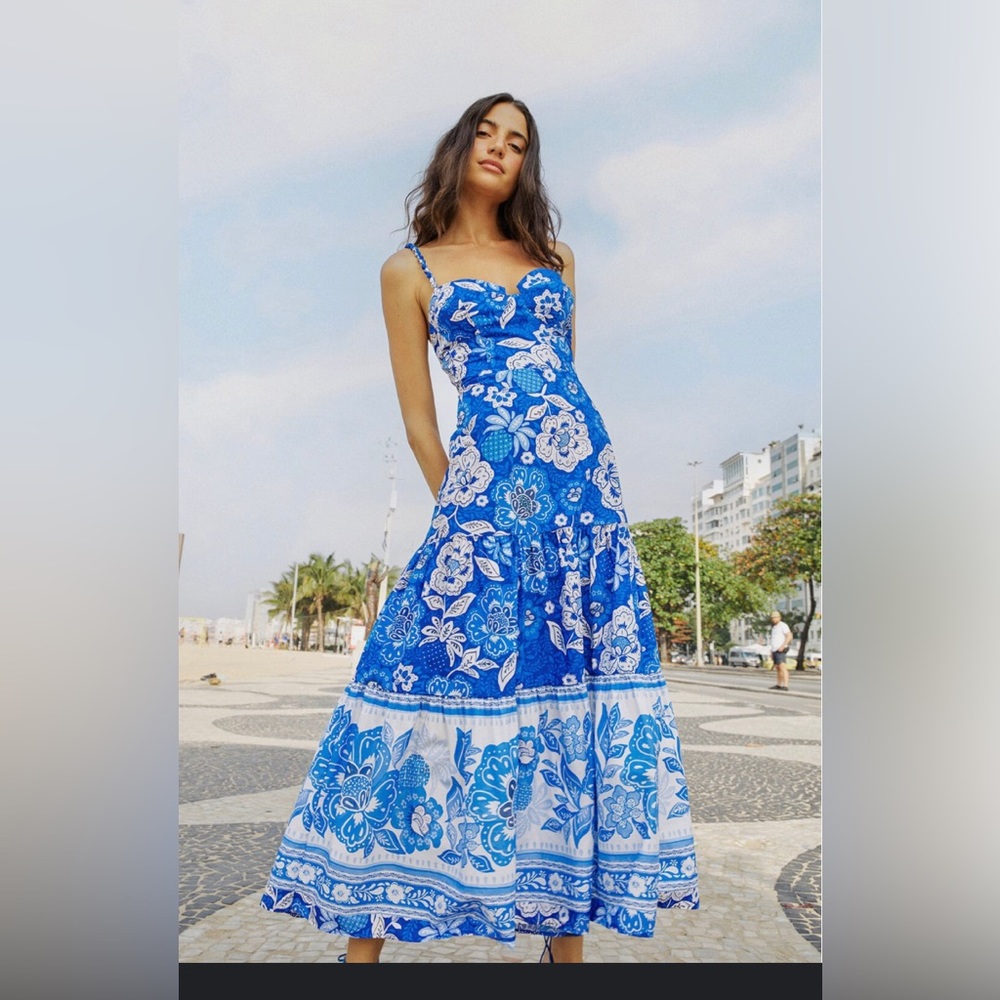 Blue Full Of Flowers Organic Cotton Midi Dress